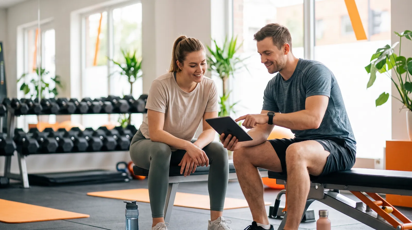 Personal Trainer zeigt einer Kundin im Fitnessstudio etwas auf dem Tablet