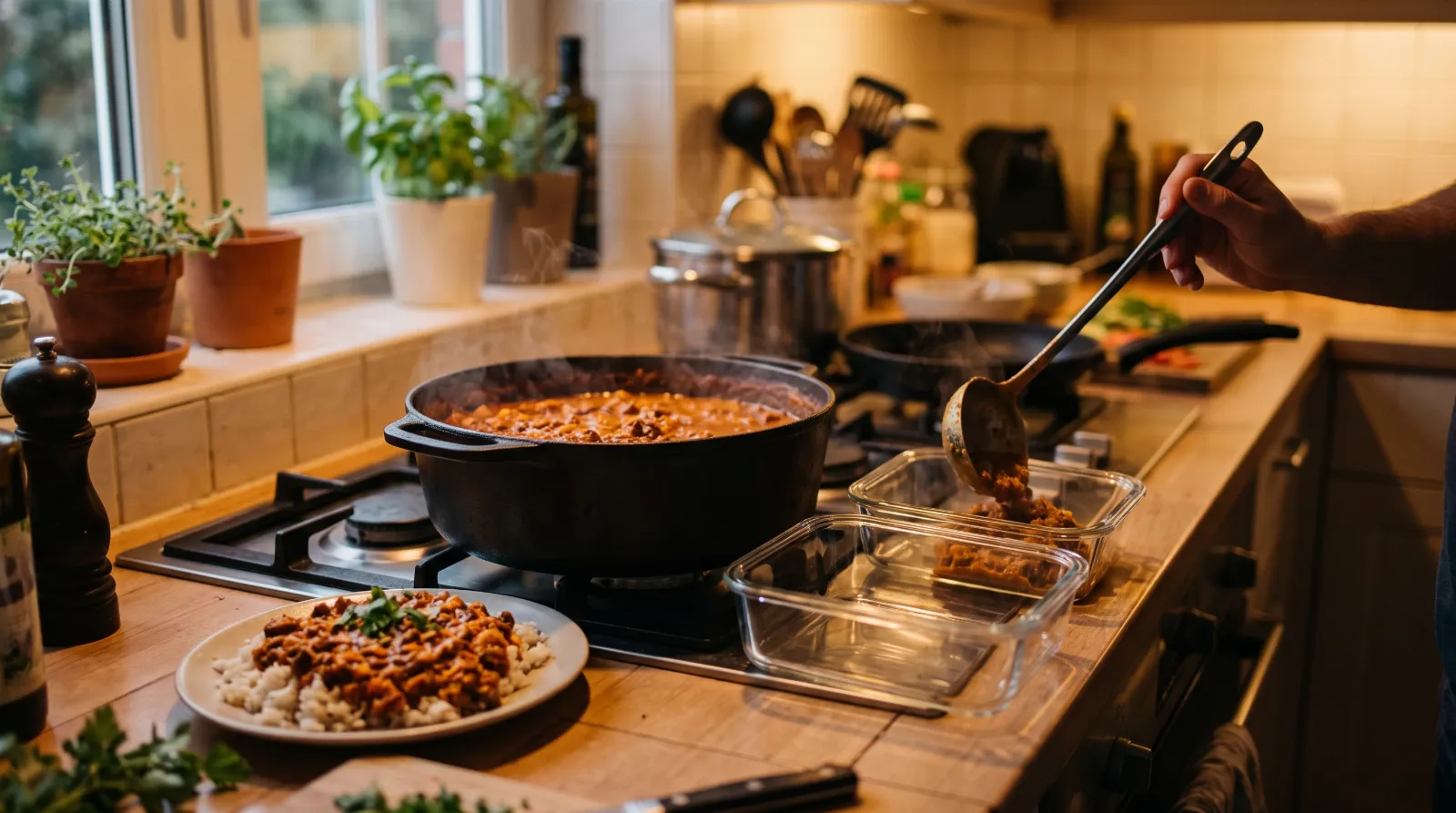 Chili con Carne wird aus dem Topf in Boxen für die nächsten Tage abgefüllt