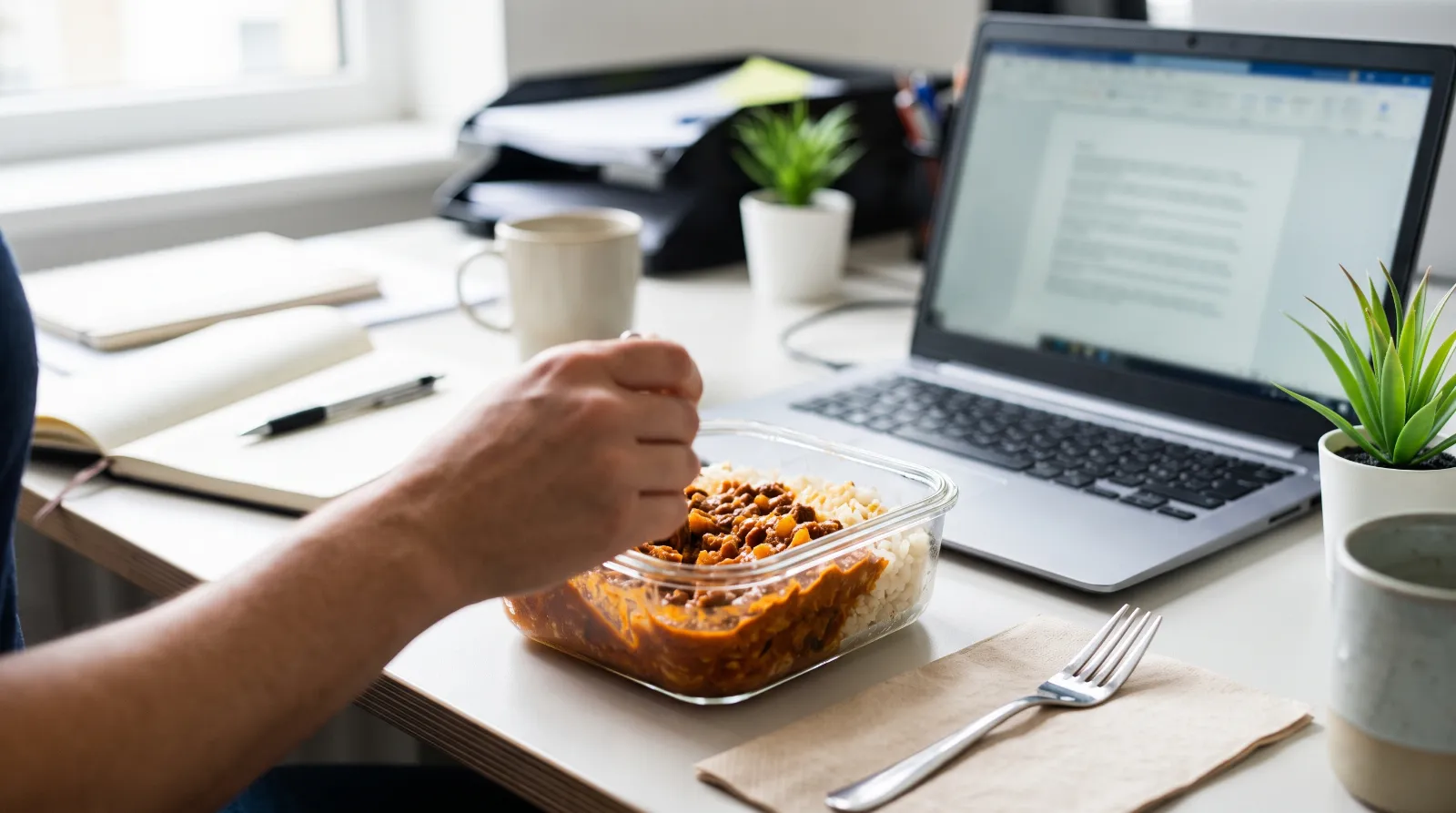 Chili con Carne vom Vortag in einer Lunchbox am Schreibtisch neben dem Laptop