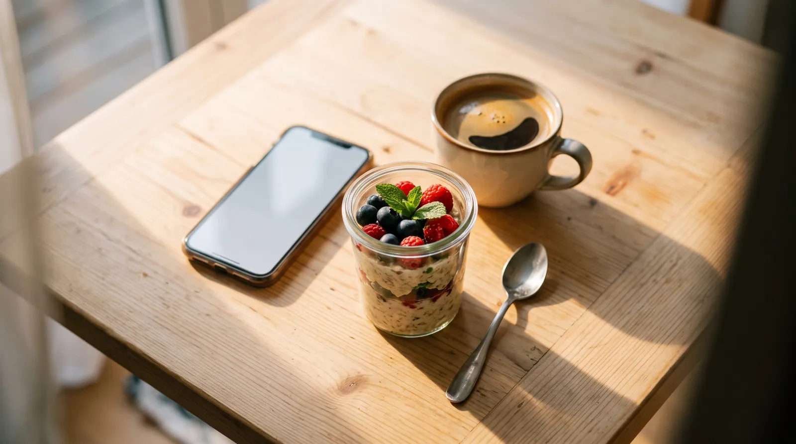 Overnight Oats mit frischen Beeren und eine Tasse Kaffee auf dem Frühstückstisch