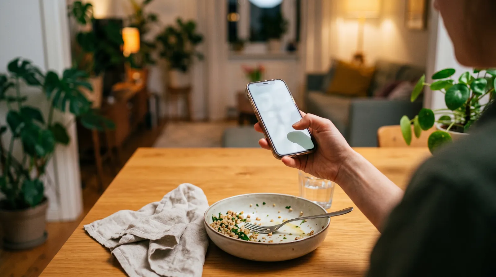Hand mit Smartphone über einer aufgegessenen Bowl auf dem Esstisch