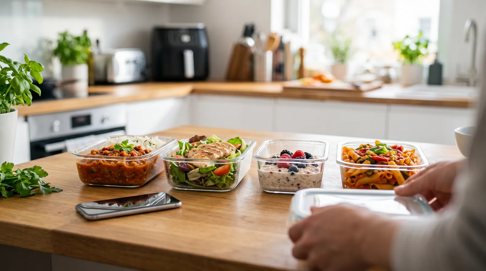 Vier Meal-Prep-Boxen mit Chili, Salat, Overnight Oats und Gemüsepasta auf einer hellen Küchenarbeitsplatte
