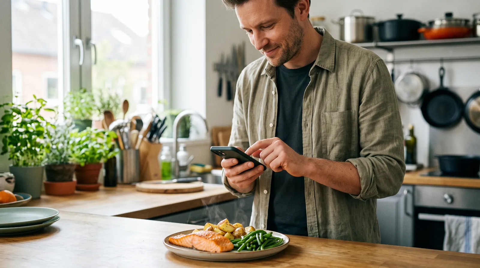 Mann hakt in der Küche auf dem Smartphone sein Abendessen mit Lachs und Kartoffeln ab