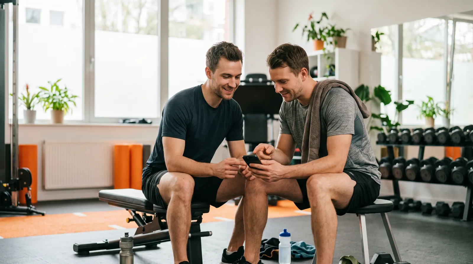 Trainer und Kunde schauen nach dem Training gemeinsam auf das Smartphone des Kunden