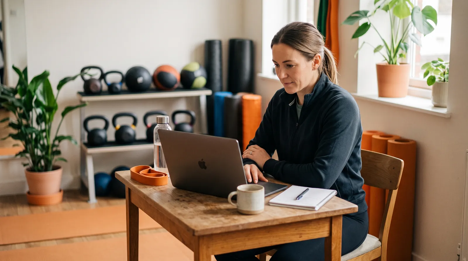 Fitnesstrainerin prüft im Trainingsstudio die Übersicht ihrer Kunden am Laptop